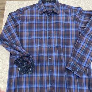 Bugatchi Blue and Brown Checkered Shirt-XL